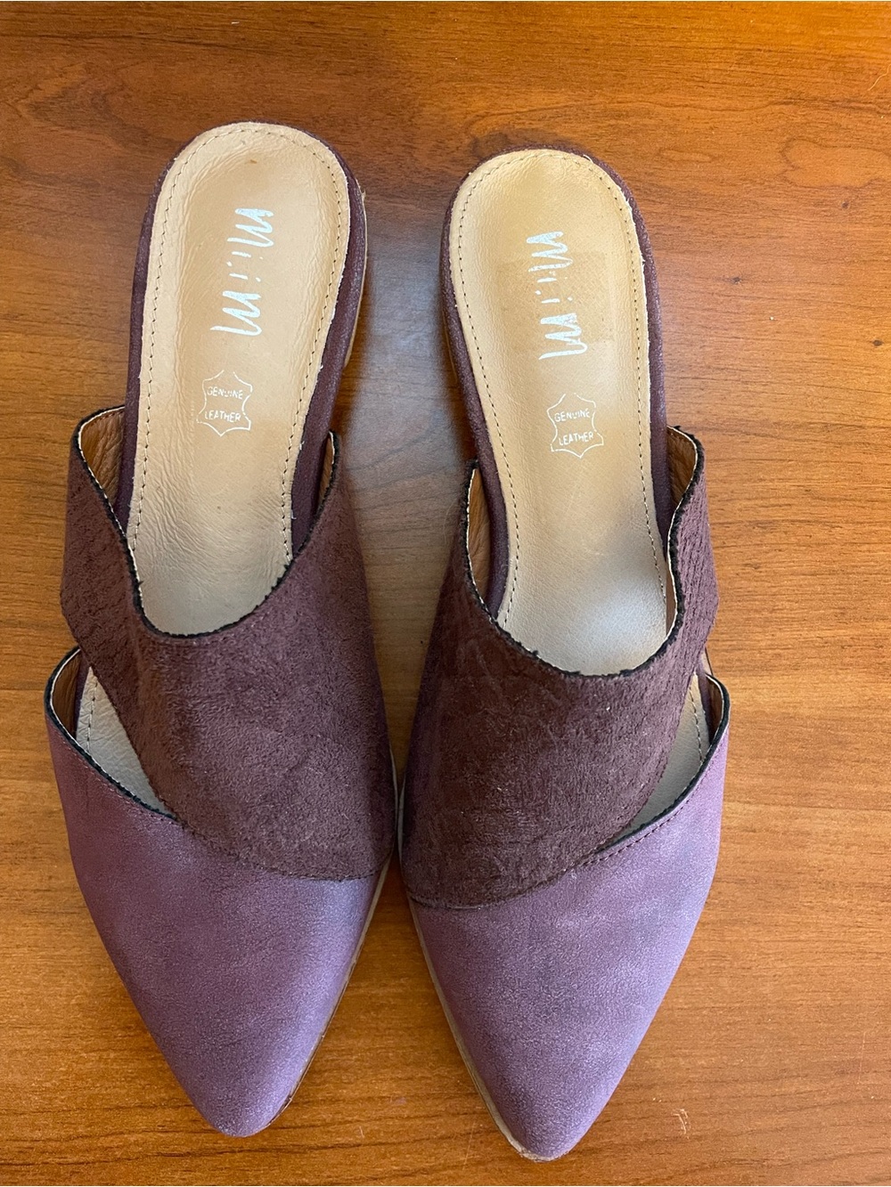 Mi.iM Purple Burgundy Two Toned Low Heel Mule Shoes Suede Pointed Toe